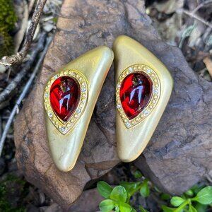 Vintage Chunky Brutalist Clip-on Earrings with Red Cabochon